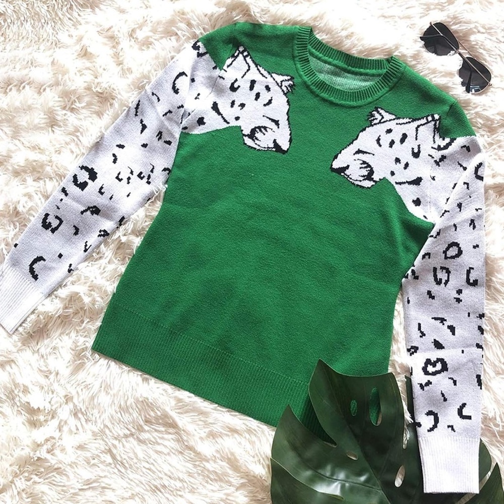 Women's Sweaters Casual Cute Leopard Print Long Sleeves Knit Cropped Sweater